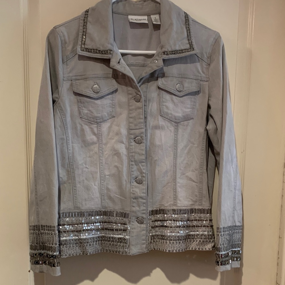 Chico's Light Gray Jean Jacket with Sequin & Beaded Trim